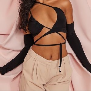 Sexy PrettyLittleThing Black Wrap Around Crop Top, Size 6 NWT